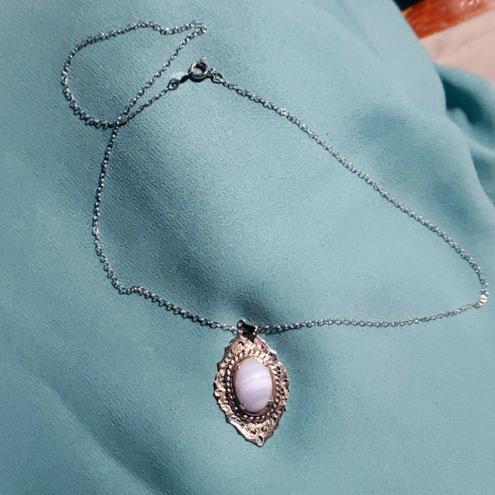 Vintage sterling silver necklace and blue lace Agate pendent